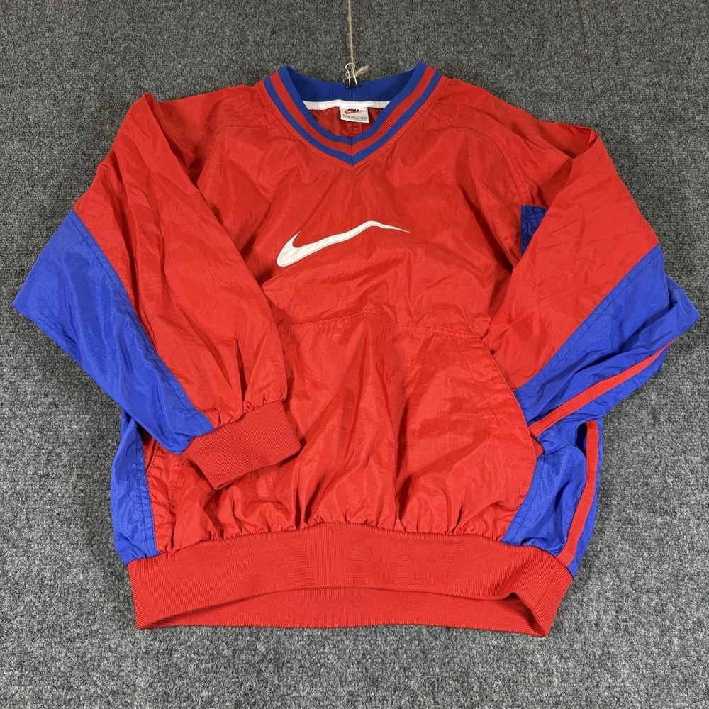VINTAGE Nike Jacket Boys Sz L Red Blue Center Swoosh Pullover Windbreaker 90s